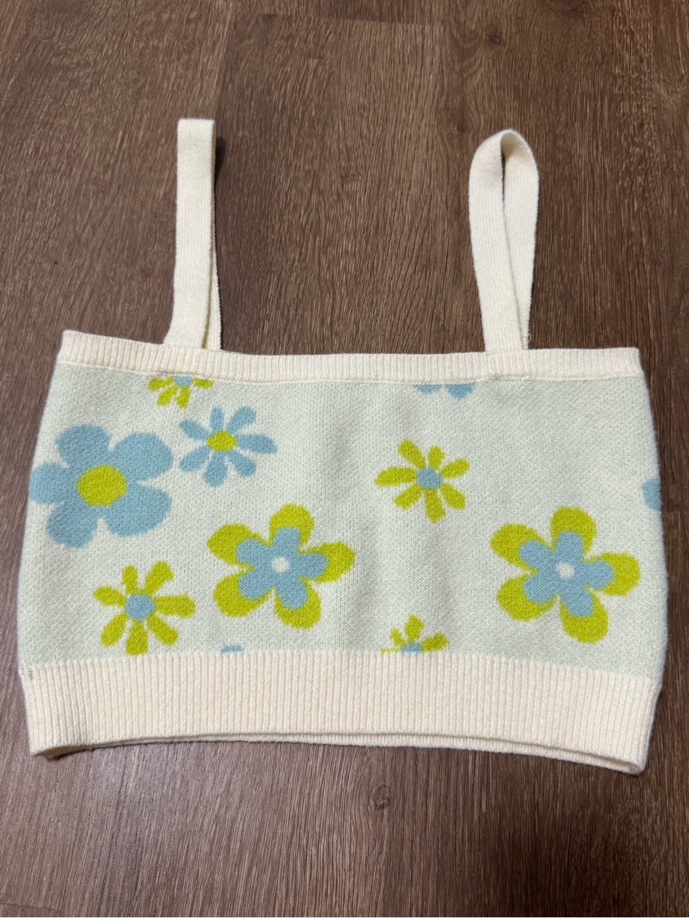 Witty Fox Floral Knitted Tank Wide Strap Crop Top Green Cream Blue Size M